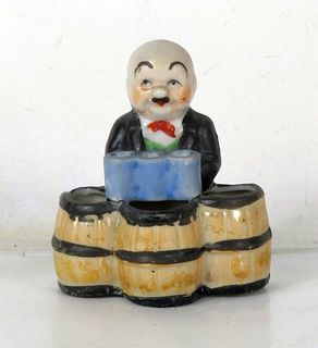 1948 Occupied Japan Bartender & Barrels Porcelain Match Holder Figurine F-21 F-22 