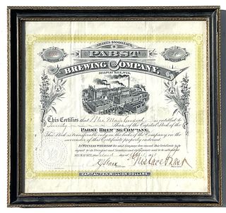 1908 Pabst Brewing Co. w/Signatures Framed Stock Certificate Milwaukee Wisconsin