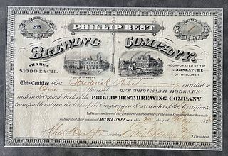 1873 Ph. Best Brewery Stock Certificate F&B-Framed w/signatures Stock Certificate Milwaukee Wisconsin