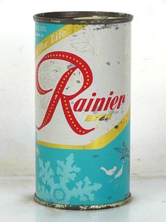1956 Rainier Jubilee Beer (Ball Blue) 11oz Flat Top Can Snowflake Seattle Washington