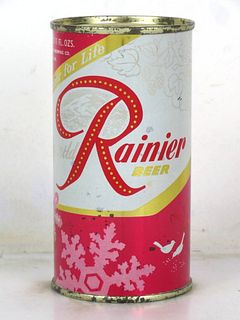 1956 Rainier Jubilee Beer (Bright Maroon) 11oz Flat Top Can Snowflake Seattle Washington