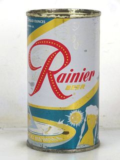 1957 Rainier Jubilee Beer (Cyan-Blue) 12oz Flat Top Can Sundial Seattle Washington