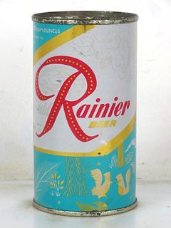 1956 Rainier Jubilee Beer (Cyan) 12oz Flat Top Can Hummingbird Seattle Washington