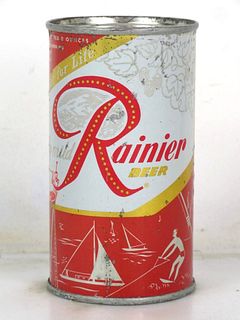 1956 Rainier Jubilee Beer (Orangy Red) 12oz Flat Top Can Outdoor Sports Seattle Washington