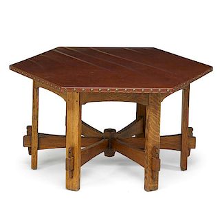 L. & J.G. STICKLEY Hexagonal leather-top game table