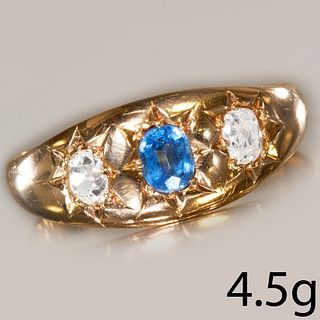SAPPHIRE AND DIAMOND 3-STONE GYPSY GOLD RING