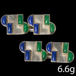 PAIR OF FRENCH ART DECO DOUBLE FACED LAPIS LAZULI AND JADE GOLD CUFFLINKS