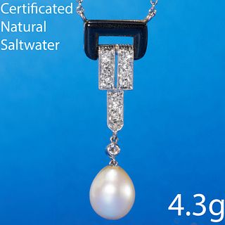 CERTIFICATED NATURAL SALTWATER PEARL, ENAMEL AND DIAMOND PENDANT NECKLACE