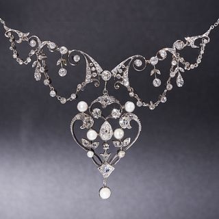 BEAUTIFUL AND ATTRACTIVE BELLE EPOQUE DIAMOND AND PEARL DROP NECKLACE