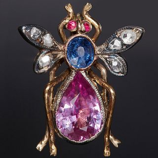 VICTORIAN DIAMOND SAPPHIRE, PINK SAPPHIRE AND RUBY FLY BROOCH