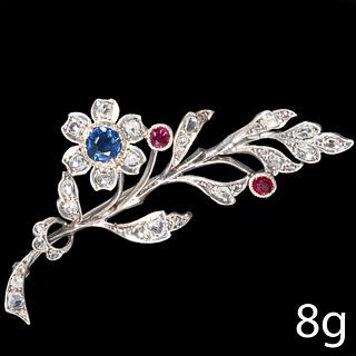 VICTORIAN FLORAL SPRAY BROOCH WITH SAPPHIRE, DIAMONDS AND RUBIES
