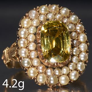 ANTIQUE YELLOW ZIRCON AND PEARL CLUSTER RING