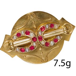 ANTIQUE VICTORIAN RUBY AND PEARL DOUBLE HORSE SHOE BROOCH