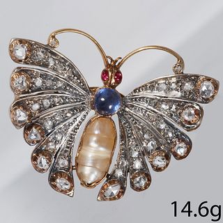 ANTIQUE DIAMOND PEARL SAPPHIRE AND RUBY BUTTERFLY BROOCH