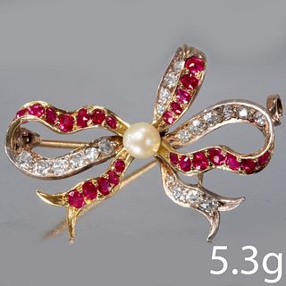 RUBY, PEARL AND DIAMOND BOW BROOCH