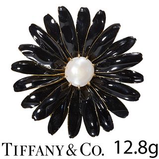 TIFFANY AND CO, CERTIFICATED NATURAL SALTWATER PEARL AND ENAMEL BROOCH