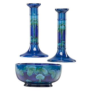 MOORCROFT Moonlit Blue candlesticks, bowl