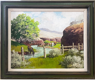 EB QUIGLEY 'STREAMSIDE HORSE HERD' OIL PAINTING