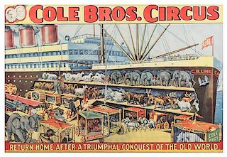 * (CIRCUS) COLE BROTHERS, Poster, Return Home After a Triumphal Conquest of the Old World, [1935], 26 x 38 1/2 inches.