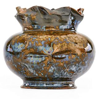 GEORGE OHR Large face vase with ruffled rim