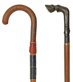 (2) HORN HOOF-FORM HANDLED CANE & LEATHER-CLAD WOOD RIDING CROP