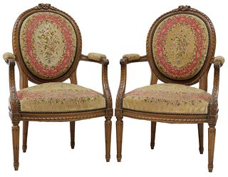 (2) FRENCH LOUIS XVI STYLE NEEDLEWORK UPHOLSTERED FAUTEUILS