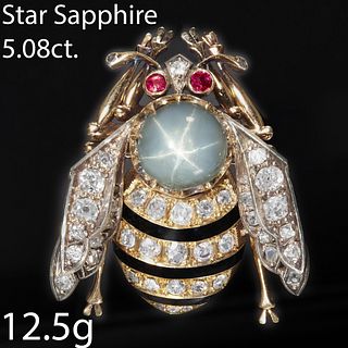 ANTIQUE VICTORIAN DIAMOND, STAR SAPPHIRE, ENAMEL, AND RUBY BEE BROOCH