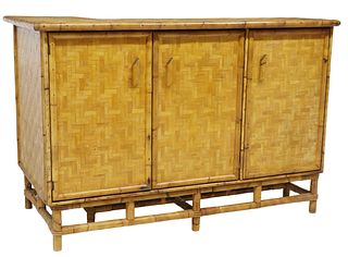 VINTAGE BAMBOO L SHAPED DRY BAR WITH CABINET STORAGE