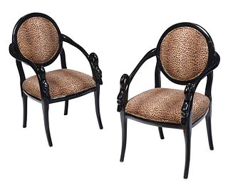 Pair of Hollywood Regency Style Black Lacquer Swan Armchairs