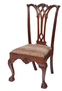 Chippendale Style Mahogany and Leopard Print Upholstered Side Chair 