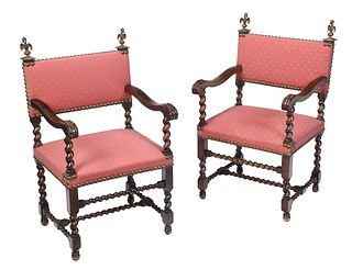 Pair of Jacobean Style Bronze Mounted Walnut Armchairs