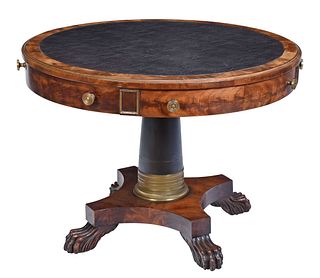 British Regency Style Bronze Mounted, Parcel Paint and Mahogany Drum Table