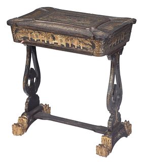 Chinese Export Bronze Lacquer and Parcel Gilt Chinoiserie Sewing Table