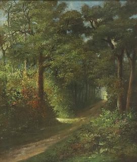 FRENCH SCHOOL LANDSCAPE PAINTING, FOREST PATH, DATED 1881 