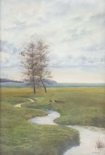 FRENCH SCHOOL PASTEL DRAWING LANDSCAPE WITH WINDING STREAM