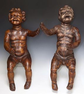 (2) ANTIQUE CONTINENTAL CARVED WOOD ARCHITECTURAL PUTTO FIGURES