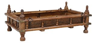 CARVED TEAK CRADLE NOW A LOW COFFEE TABLE, INDIA