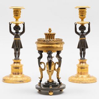 Pair of Empire Ormolu and Patinated-Bronze Figural Candlesticks and a Brûle-parfum
