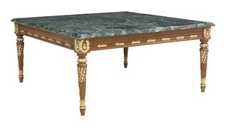 LOUIS XVI STYLE MARBLE-TOP PARCEL GILT & CARVED COFFEE TABLE