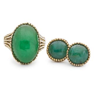 ED WIENER Jade ring and emerald earrings