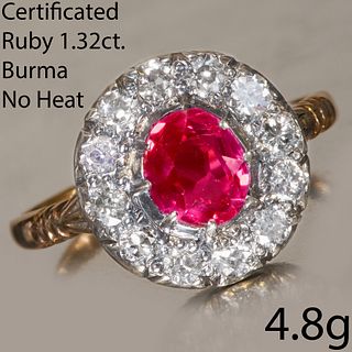 ANTIQUE CERTIFICATED BURMA 'MOGOK' RUBY AND DIAMOND CLUSTER RING