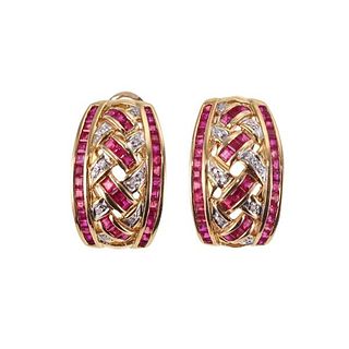 18k Gold Diamond Ruby Half Hoop Earrings