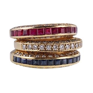 18k Gold Diamond Sapphire Ruby Band Ring Lot of 3