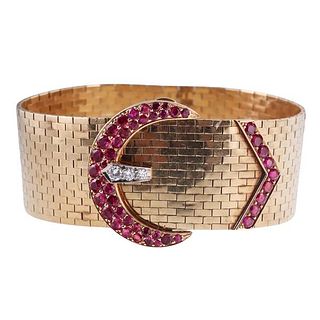 Tiffany &amp; Co Retro 14k Gold Ruby Diamond Buckle Bracelet