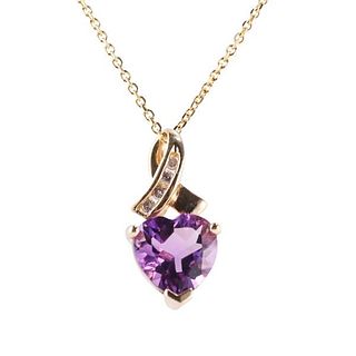 14k Gold Diamond Amethyst Heart Pendant Necklace