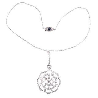 Antique Edwardian Platinum Diamond Sapphire Pendant Necklace