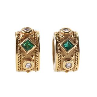 18k Gold Diamond Emerald Hoop Huggie Earrings