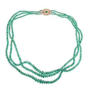 18k Gold Diamond Emerald Three Strand Necklace