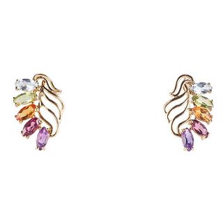 14k Gold Multi Color Gemstone Leaf Motif Earrings