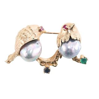 Vintage 14k Gold Pearl Ruby Emerald Sapphire Bird Brooch Pin